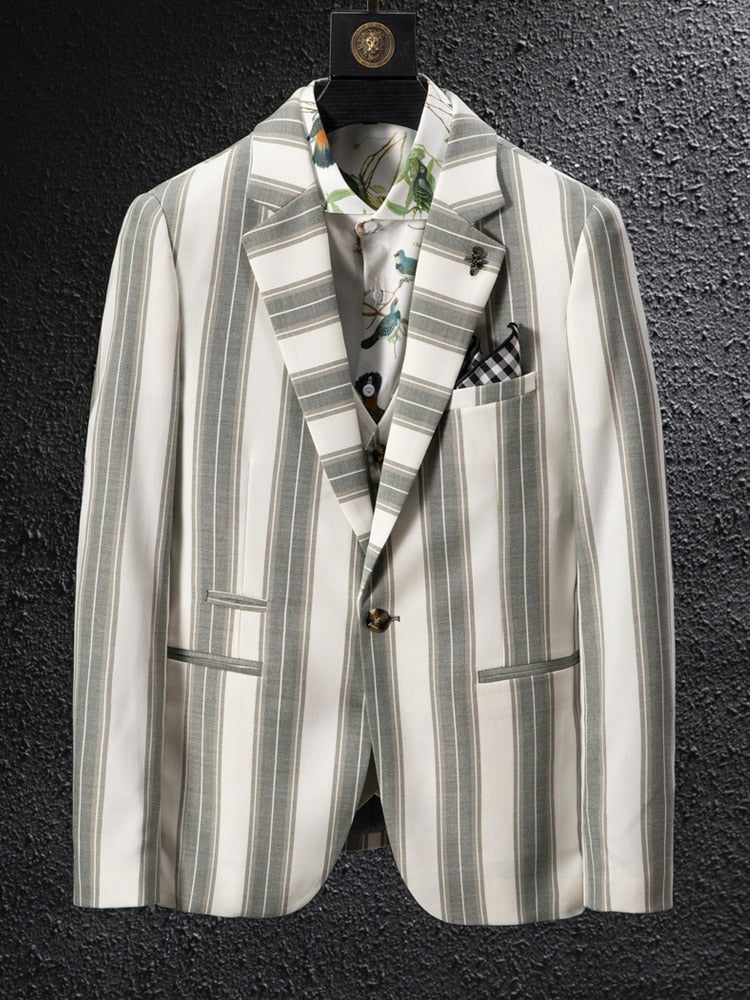 Plaid Style Stripe Pattern Single Button Blazer