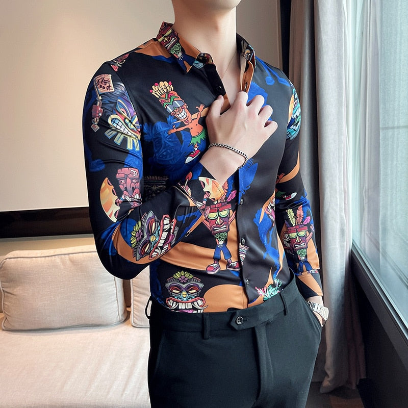 Hawaiian Mask Printed Polyester Spandex Long Sleeve Shirt