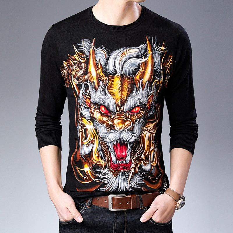 Fierce Horned Animal Print Casual O Neck Style Men Sweater