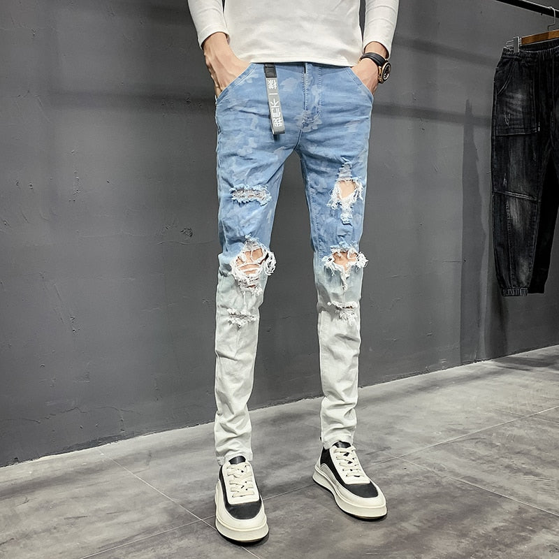 Korean Ripped Mixed Color Patchwork Jeans