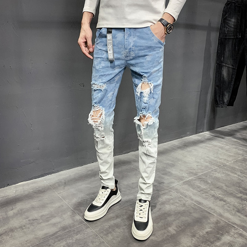 Korean Ripped Mixed Color Patchwork Jeans