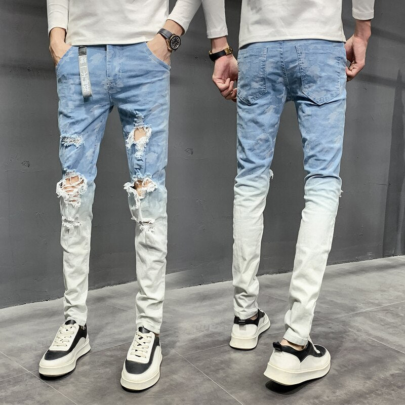 Korean Ripped Mixed Color Patchwork Jeans