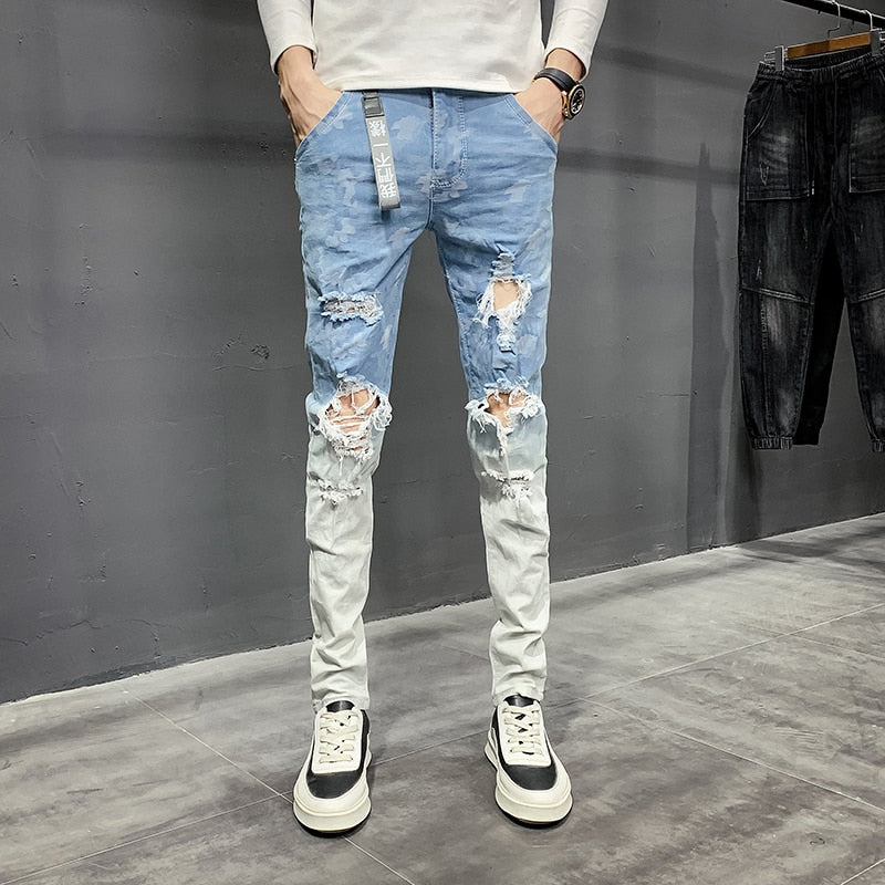 Korean Ripped Mixed Color Patchwork Jeans