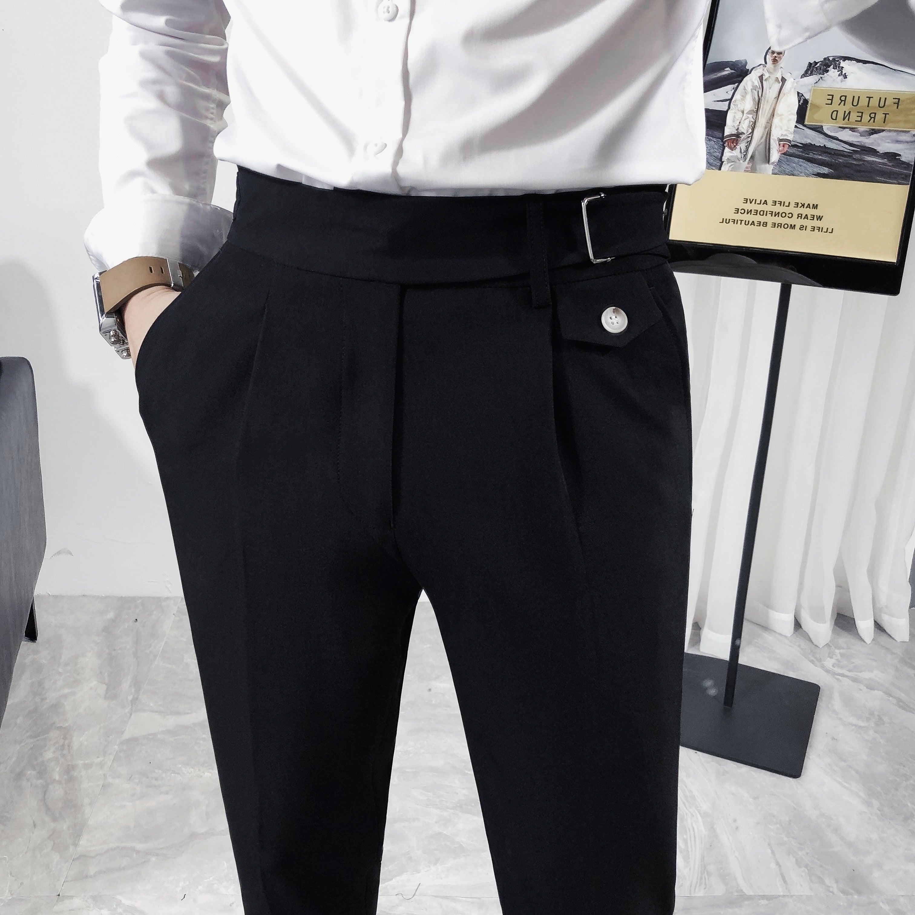 Korean Slim Fit Cotton Solid Color Formal Pants