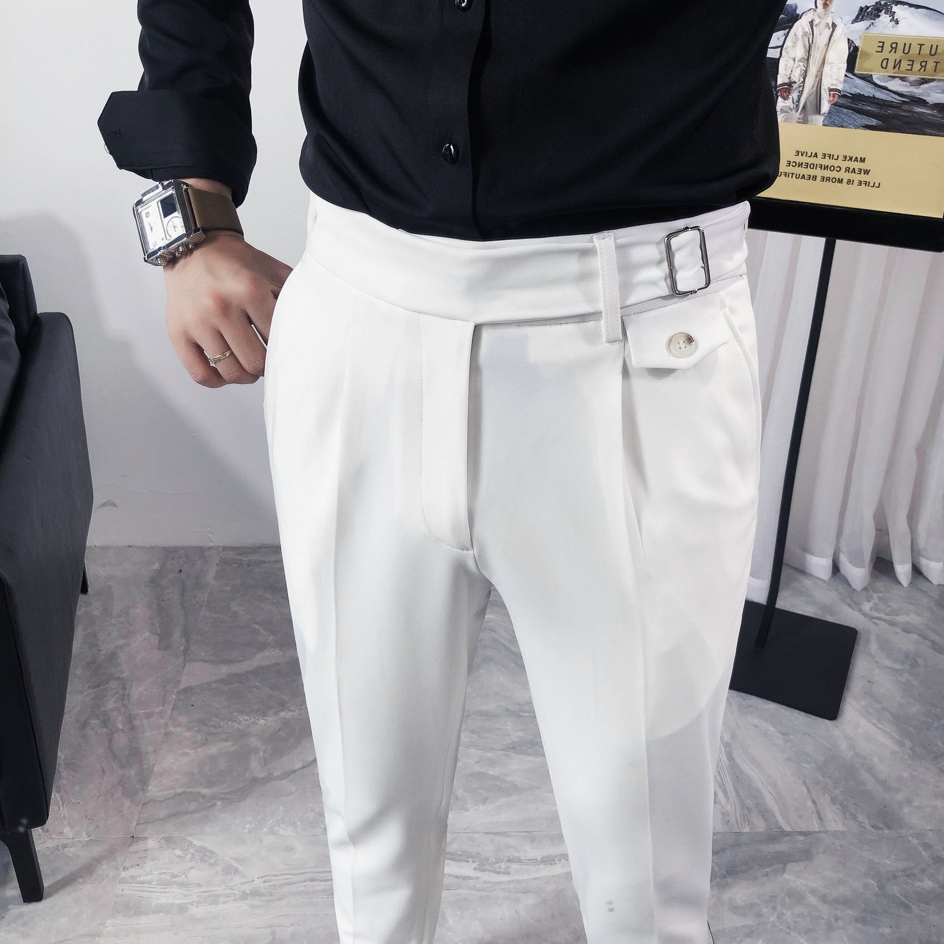 Korean Slim Fit Cotton Solid Color Formal Pants