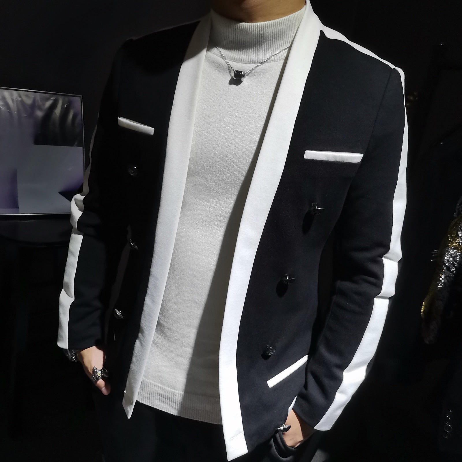 White Line Decorated Black Blazer