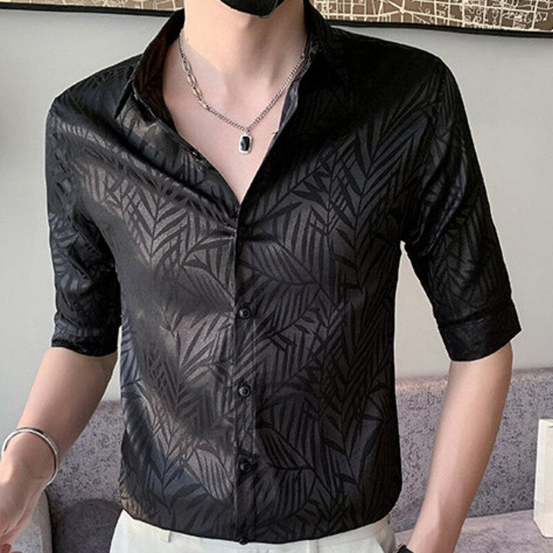 Casual Solid Leaf Satin Jacquard Shirt