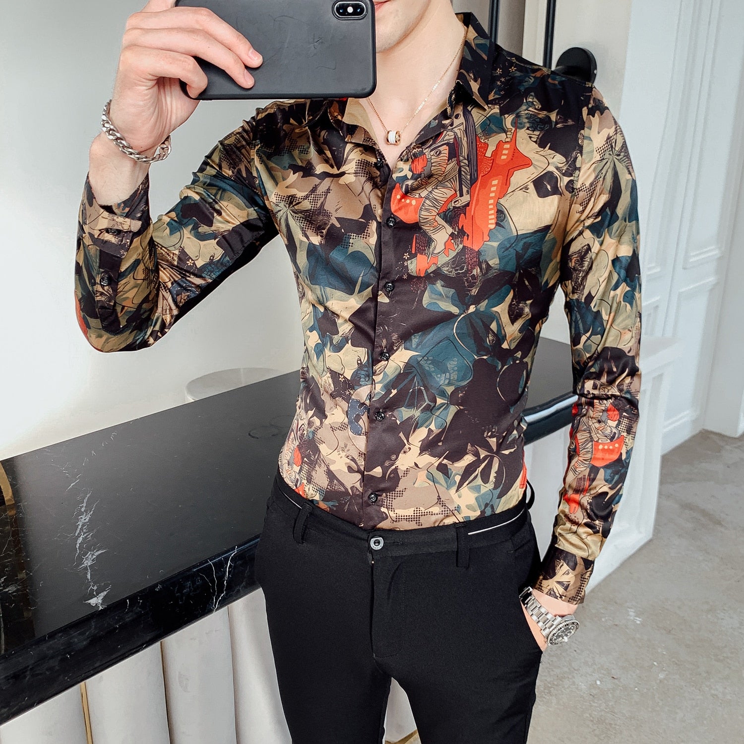 Leaf Print Vintage Slim Fit Style Men Long Sleeves Shirts