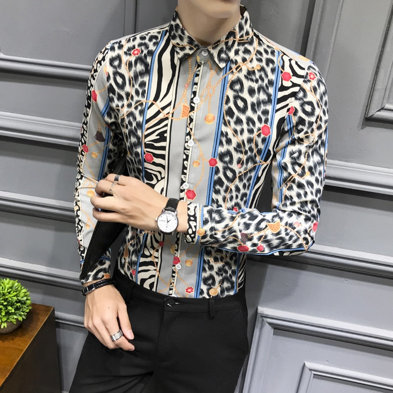 Leopard Fancy Print Slim Fit  Long Sleeve Style Men Shirts