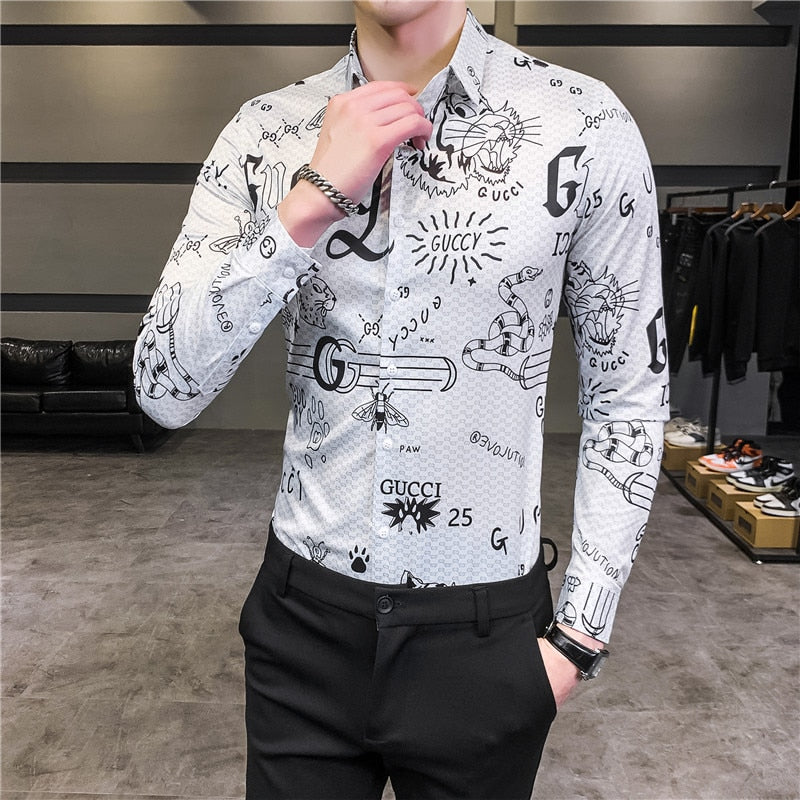 Letter Print Slim Fit Long Sleeve Casual Office Wear Style Men Shirts