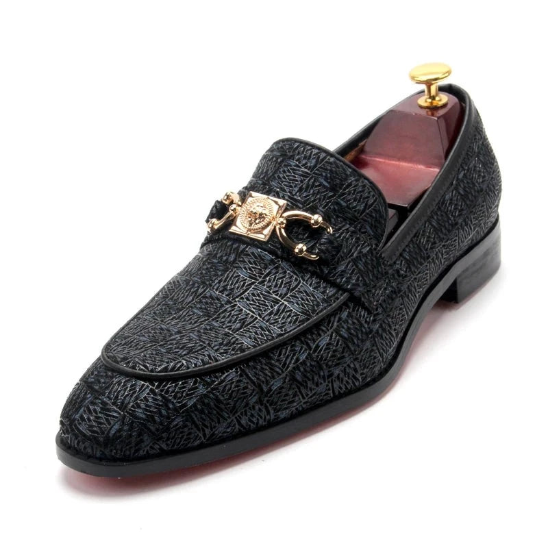 Geometric Checkered Metal Appliques Loafers