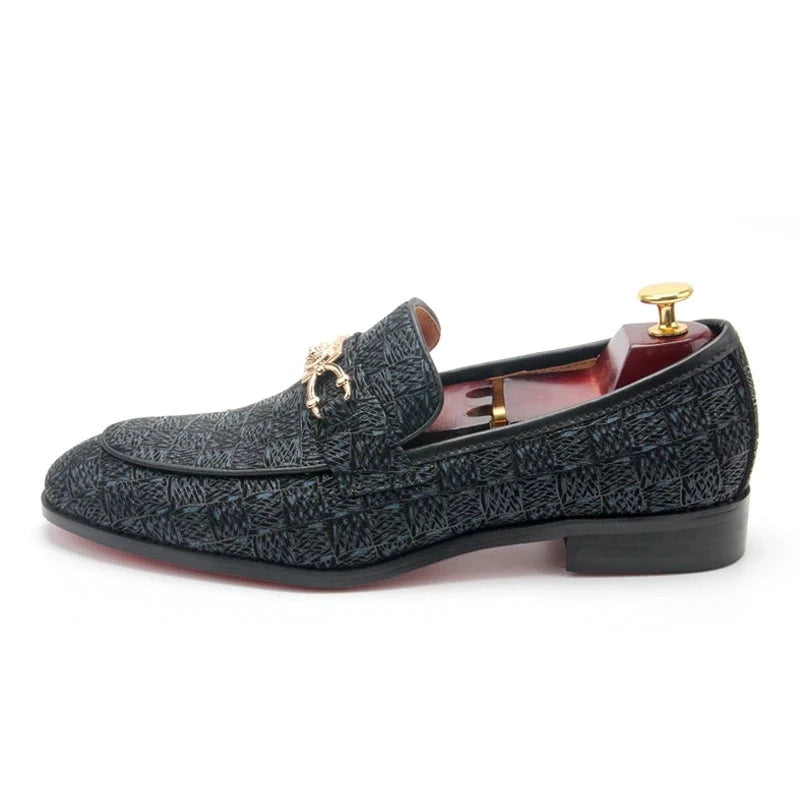 Geometric Checkered Metal Appliques Loafers