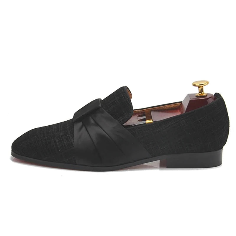 Black Geometric Bow Leather Loafers