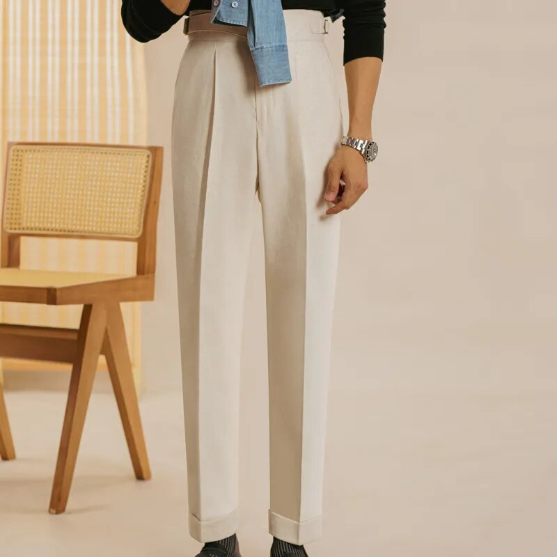 Formal Solid Linen High Waist Straight Trousers