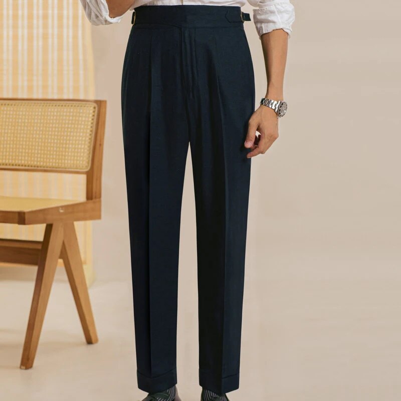 Formal Solid Linen High Waist Straight Trousers