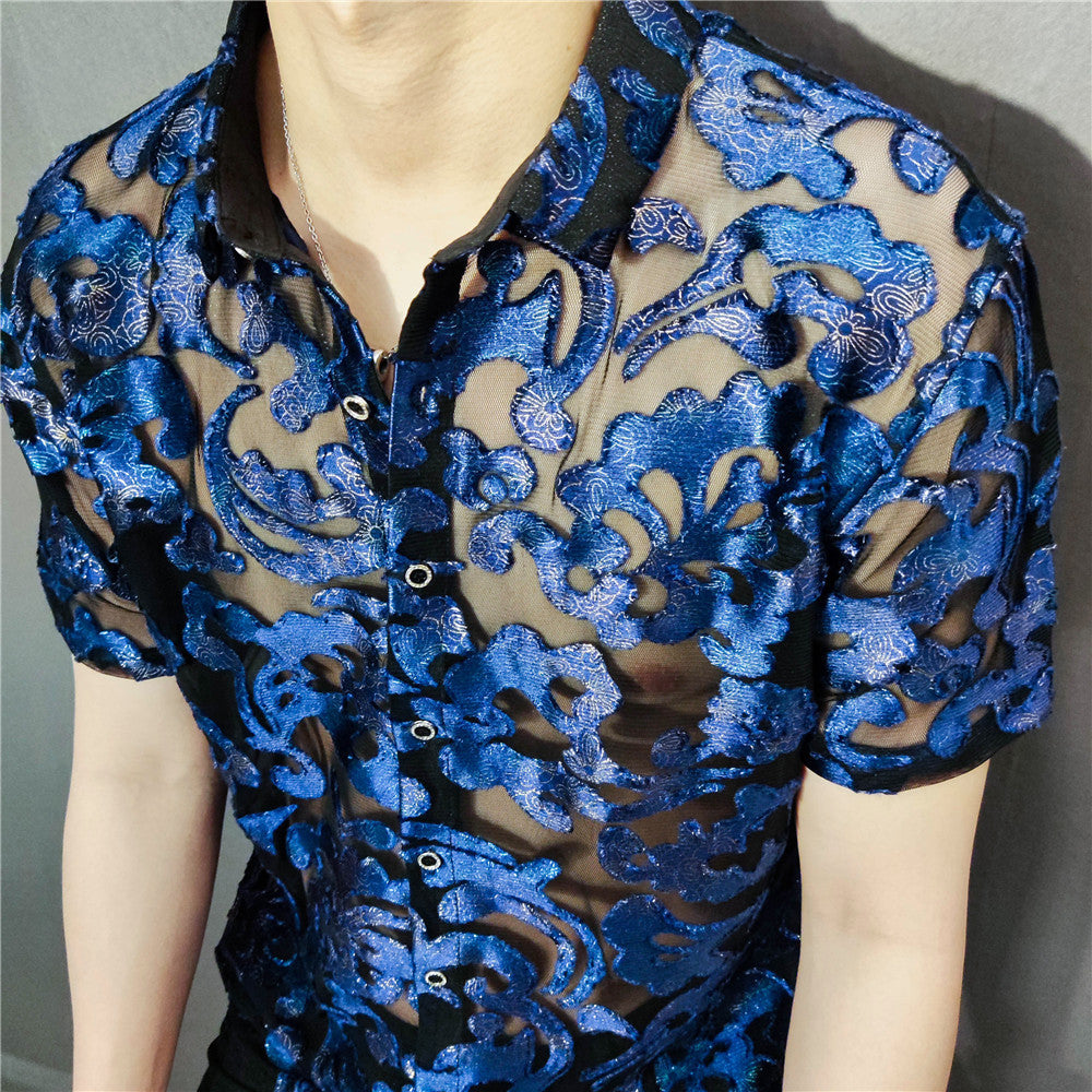 Blue Embroidery Geometric Pattern Transparent Shirt