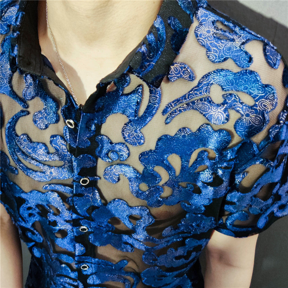 Blue Embroidery Geometric Pattern Transparent Shirt