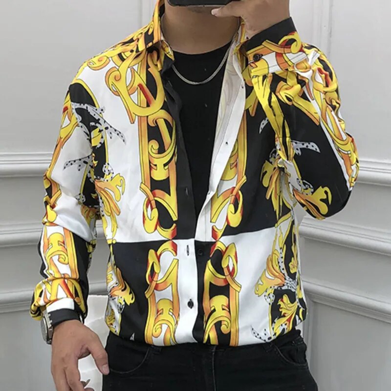 Luxury Black Gold Flower Long Sleeve Shirt