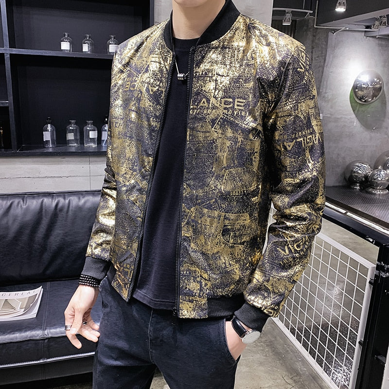 Black Gold Shimmer Print Men Bomber Jacket