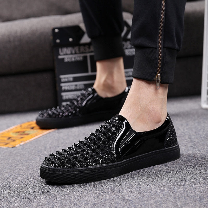 Loafers Black Diamond Rhinestones Spikes Casual Men Shoes