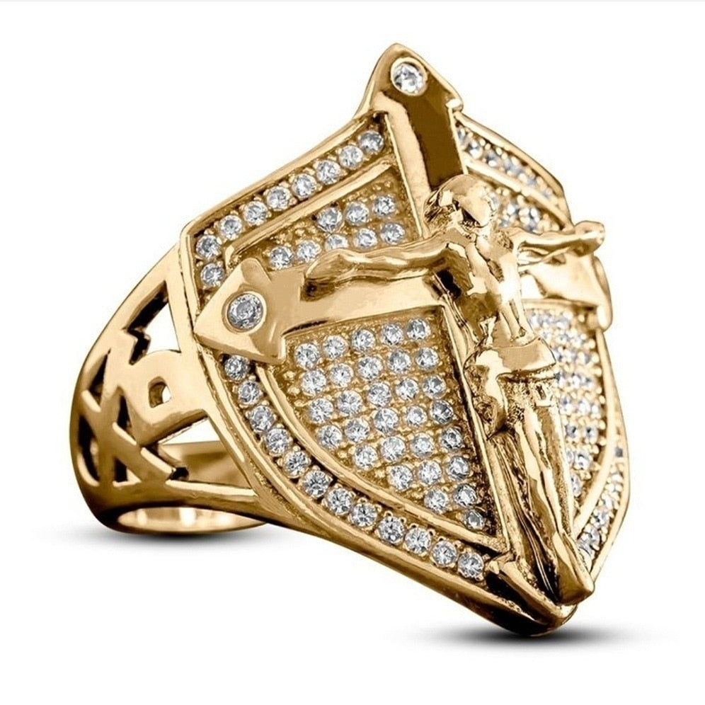 Luxury Gold Cross On Shield Zircon Ring