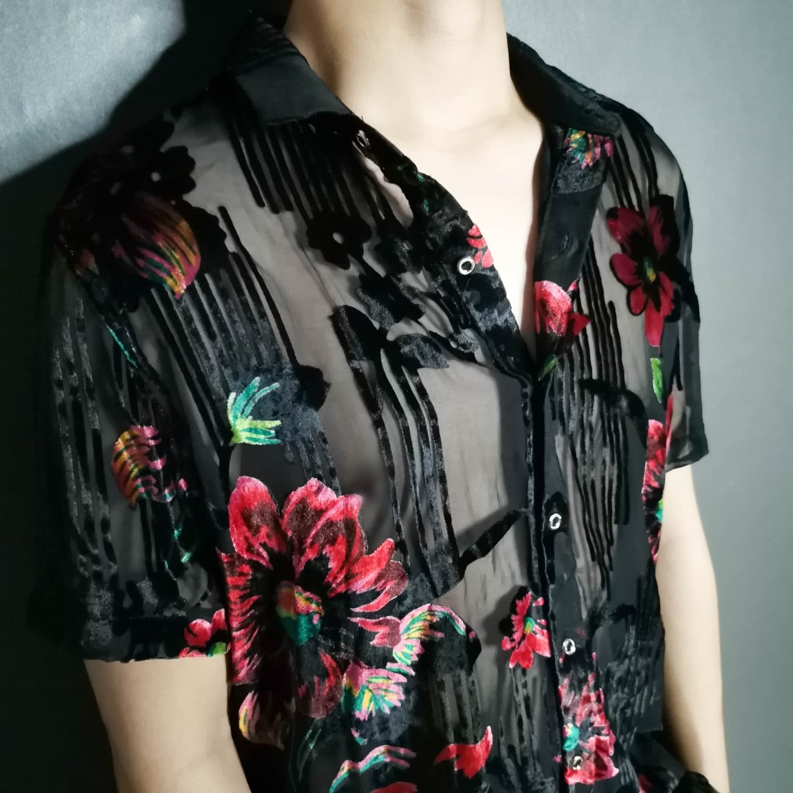 Black Silk Flower Transparent Shirt