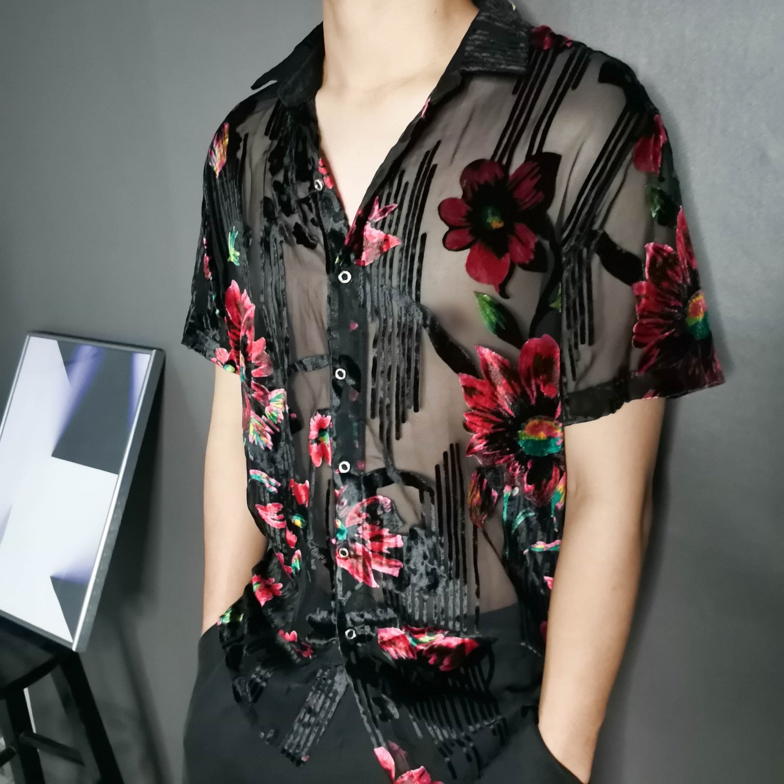 Black Silk Flower Transparent Shirt