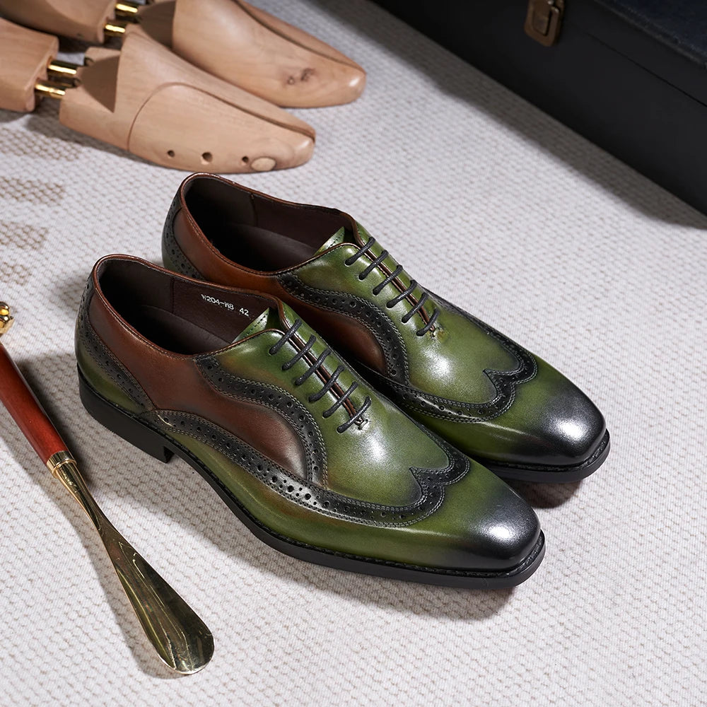 Green Color Genuine Leather Brogue Shoes