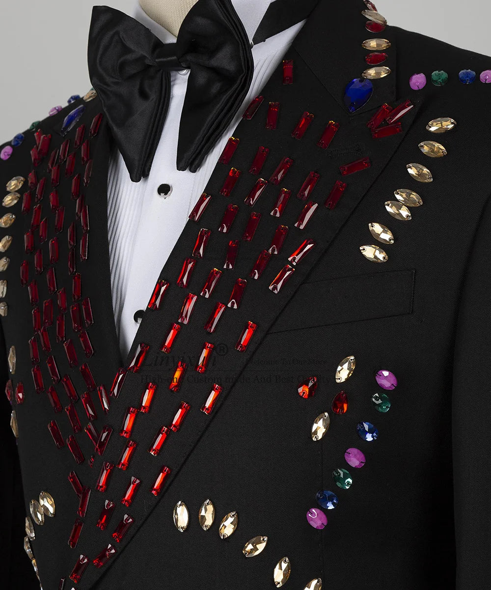 Black Colorful Rhinestone Decor Suit