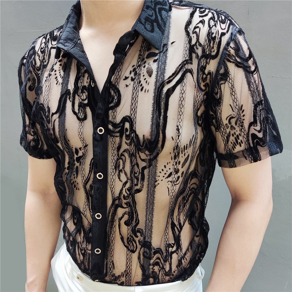 Luxury Black Lace Geometric Transparent Shirt