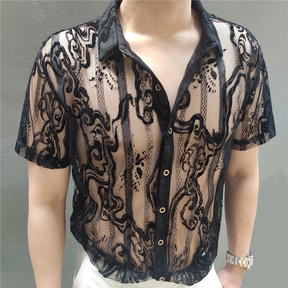 Luxury Black Lace Geometric Transparent Shirt