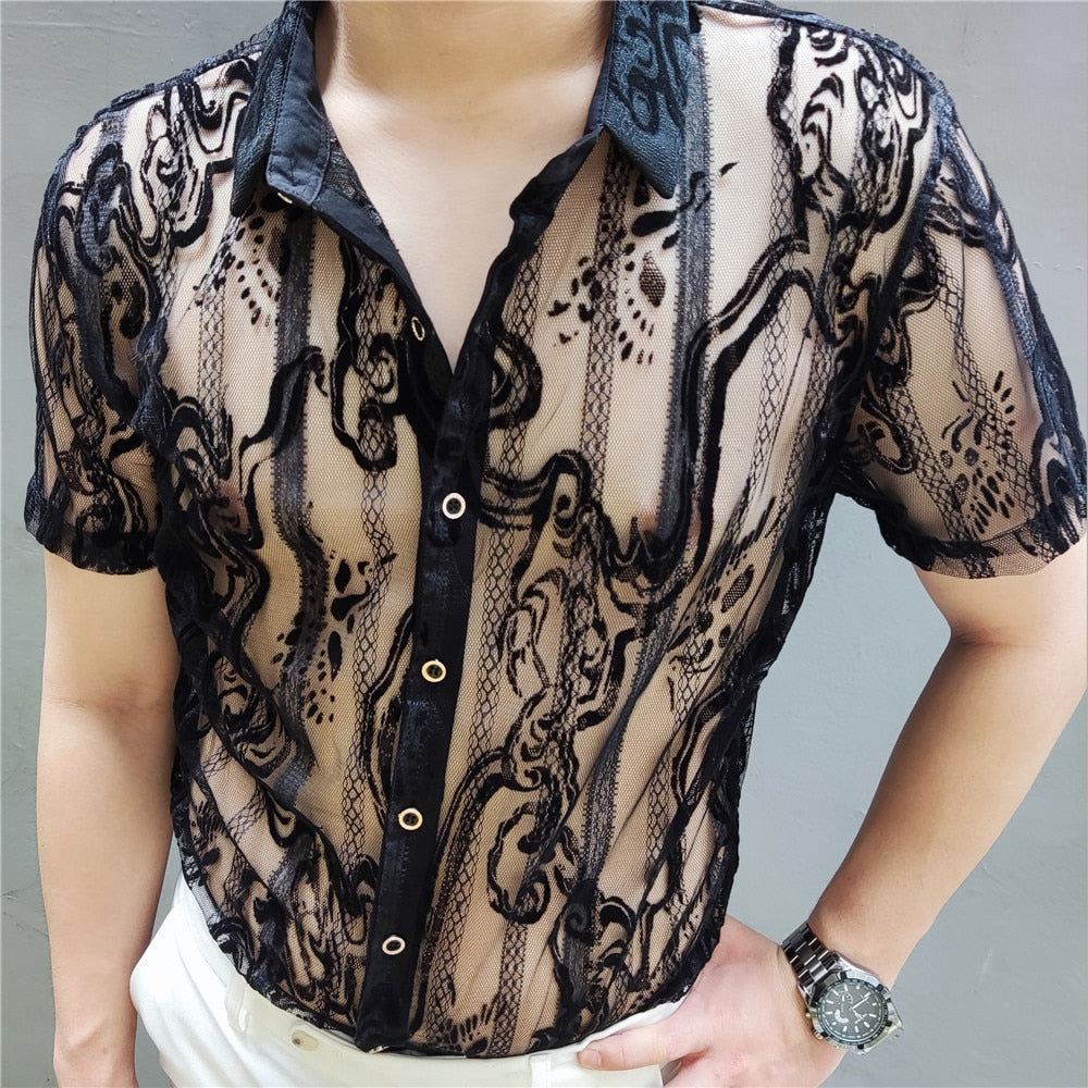 Luxury Black Lace Geometric Transparent Shirt