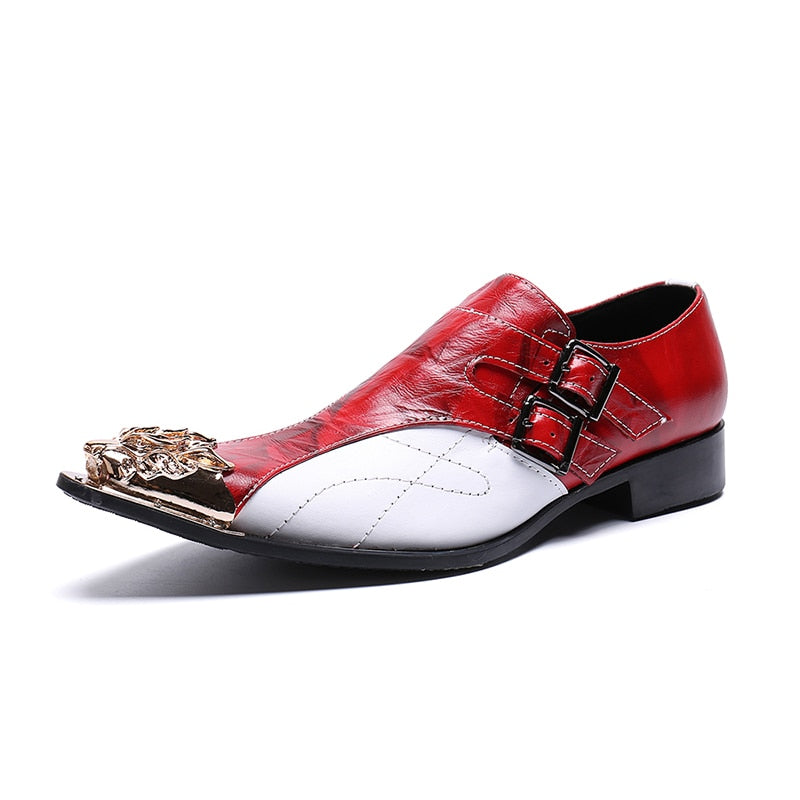 Monk Strap Leather Men Metal Carved Toe Shoes