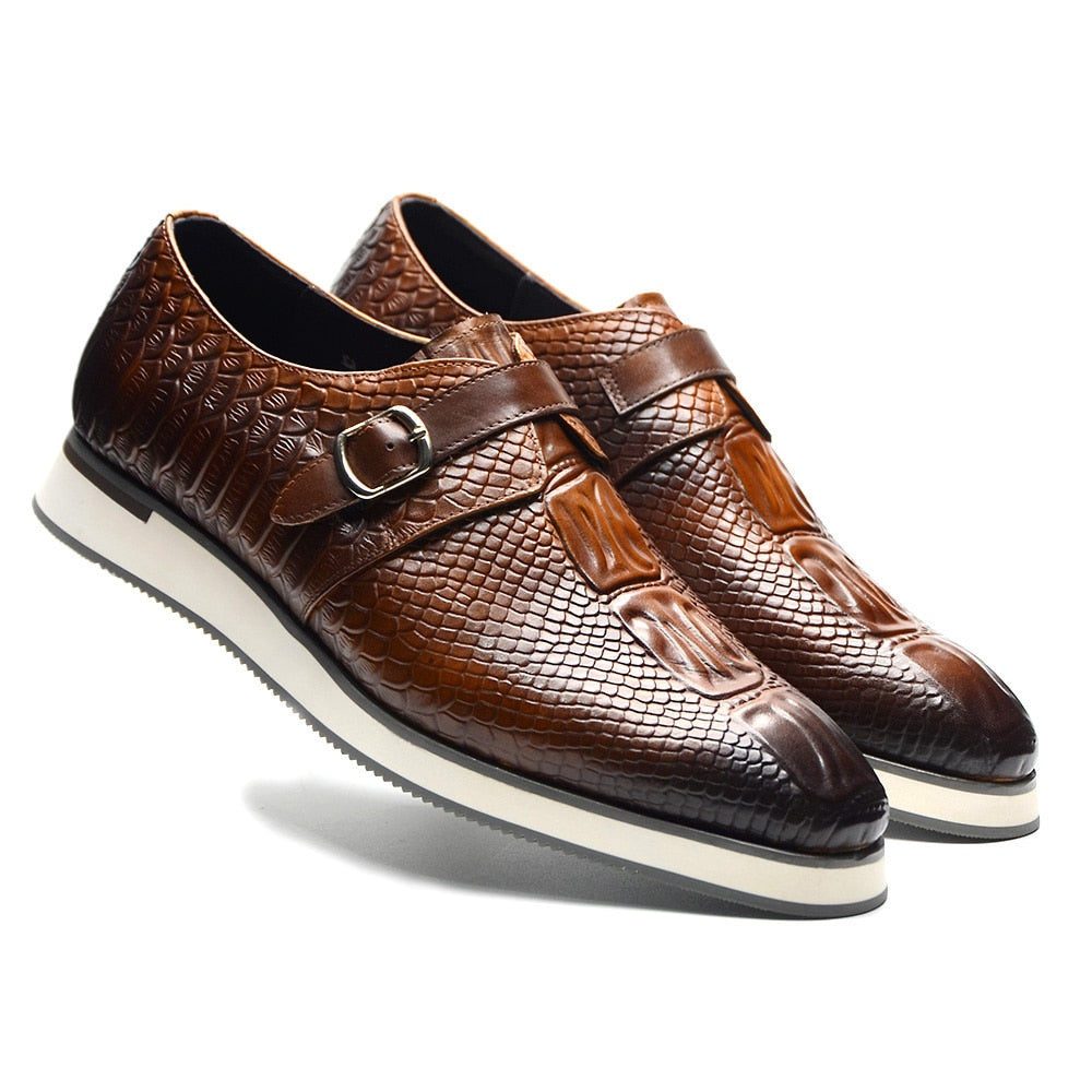 Crocodile Skin Pattern Leather Monk Shoes