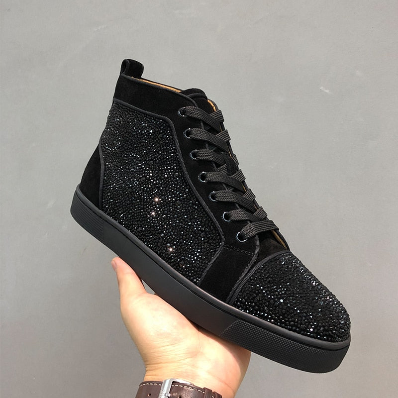 Black Suede Rhinestone High Top Sneakers