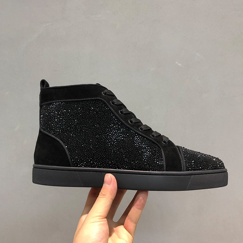 Black Suede Rhinestone High Top Sneakers