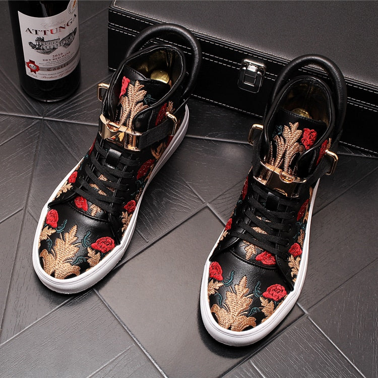 Embroidery Floral High Tops Lace Up Casual Men Sneaker