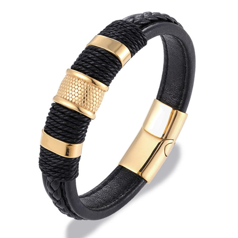 Multilayer Braid Genuine Leather Stainless Steel Magnetic Men Bracelets