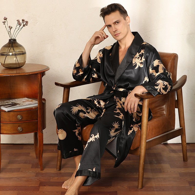 Dragon Pattern Satin Pajamas Robe