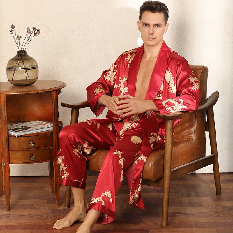 Dragon Pattern Satin Pajamas Robe