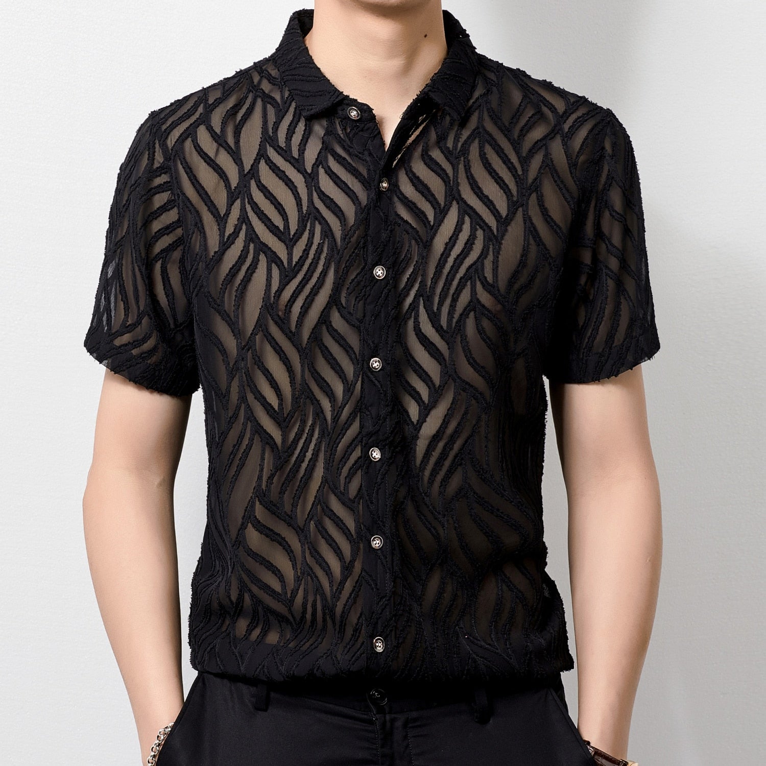 Semi Sheer Velour Embossed Pattern Men Shirt