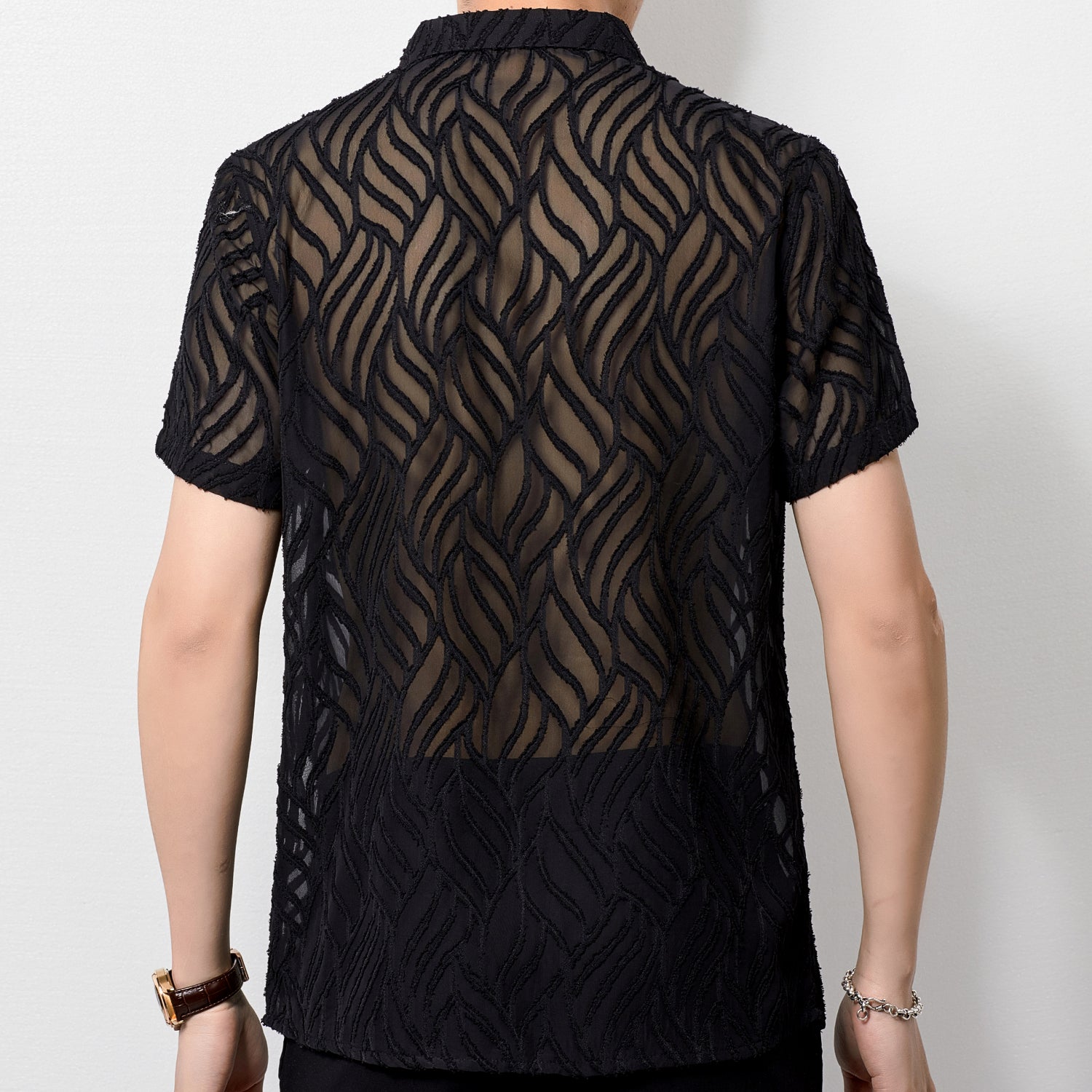 Semi Sheer Velour Embossed Pattern Men Shirt