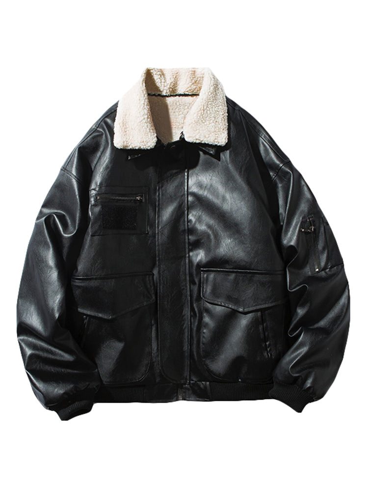 Ivory Collar Fur Thick Warm Leather Jacket