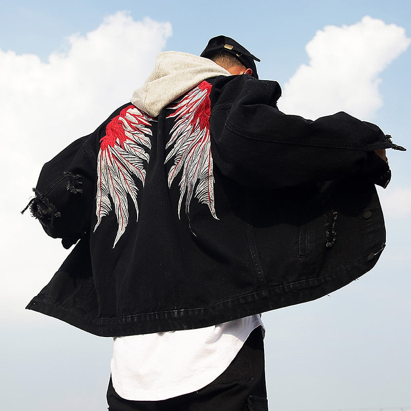 Distressed Casual Wings Embroidery Back Details Men Jacket