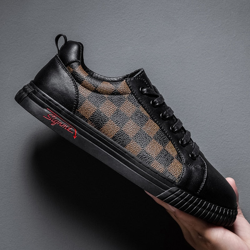 Black Brown Checkered Pattern Leather Shoes