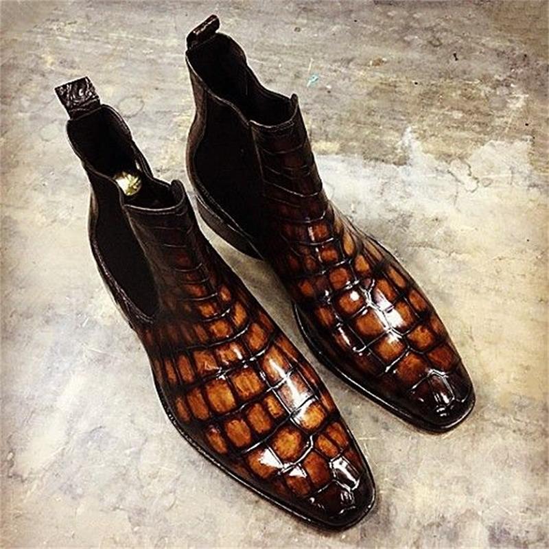 Crocodile Pattern Square Toe Leather Boots