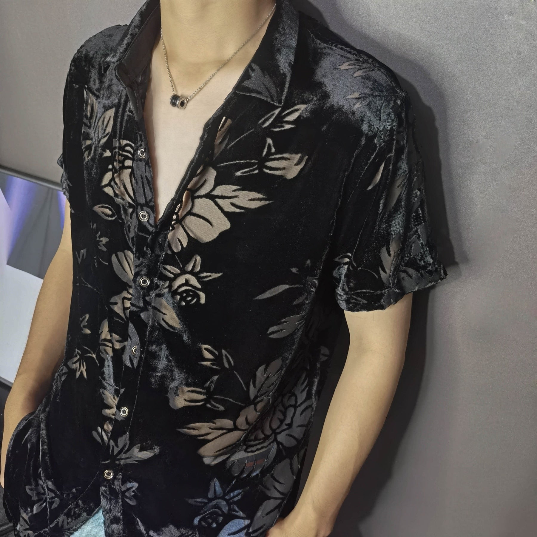 Black Leaves Pattern Decorated Transparent Shirt