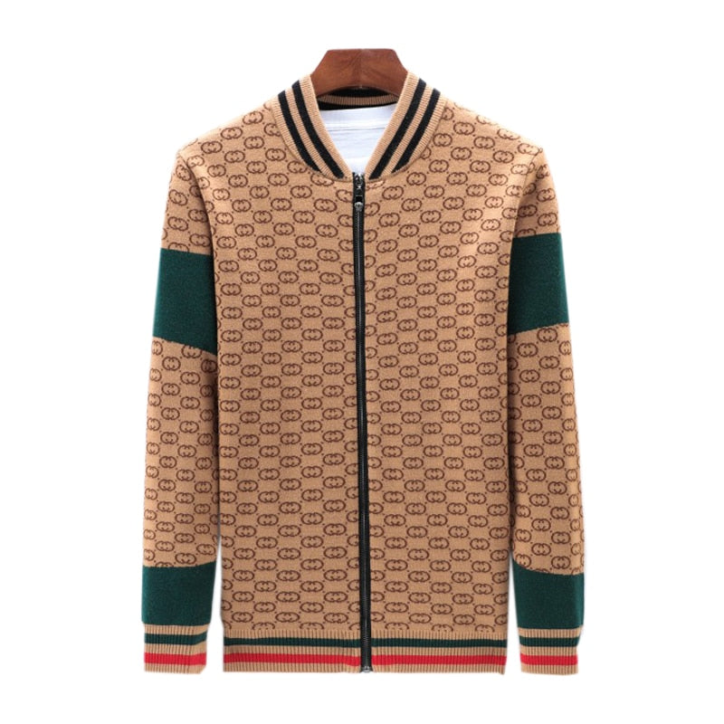 Khaki Geometric Pattern Zipper Cardigan