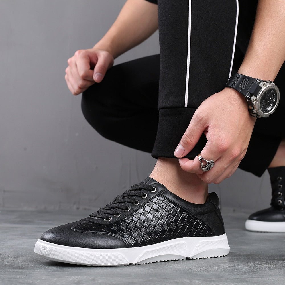 Woven Pattern Lace-Up Leather Sneakers