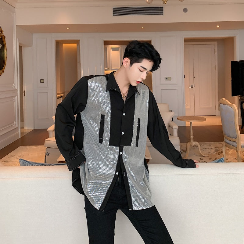 Sequined Chiffon Long Sleeve Style Men Casual Shirt